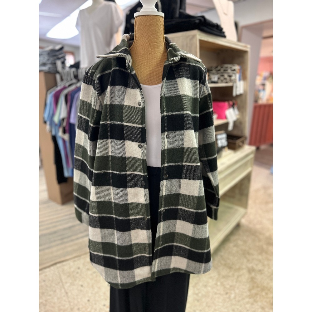 Kerenhart Green and Black Plaid Longline Shacket Button Down Shirt Jacket Womens